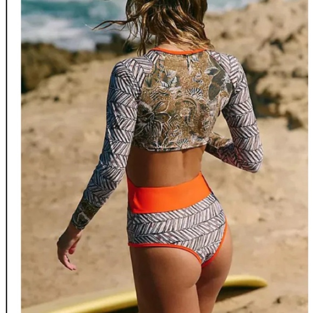 FP beach Free People Stevie Orange and Brown zip front Surf Swimsuit L large New - Picture 5 of 6